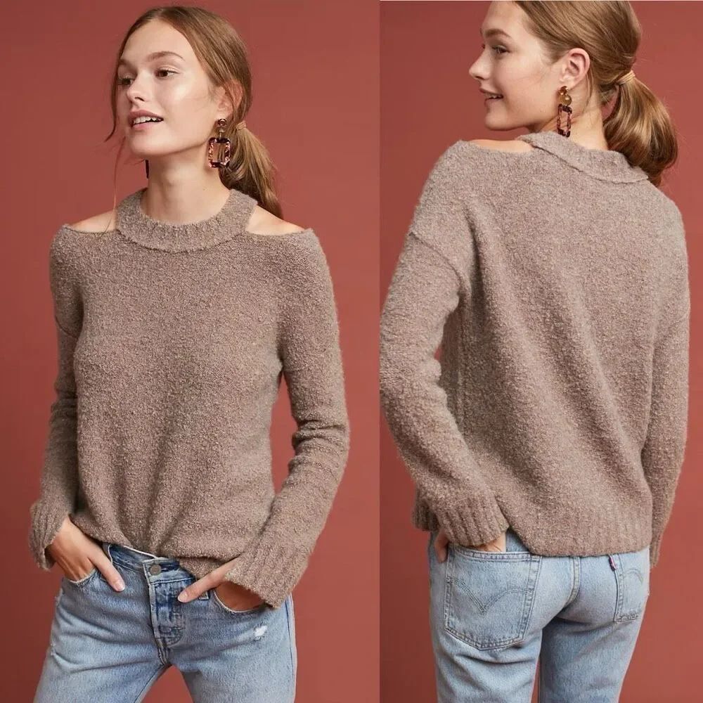 Anthropologie Moth Womens Taupe Cutout Shoulder Wool Alpaca Knit Sweater Size XS